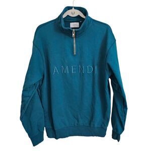 Amendi Sweater Mens Large Teal Terry Frank‎ Petrol 1/4 Zip Pullover Gorpcore